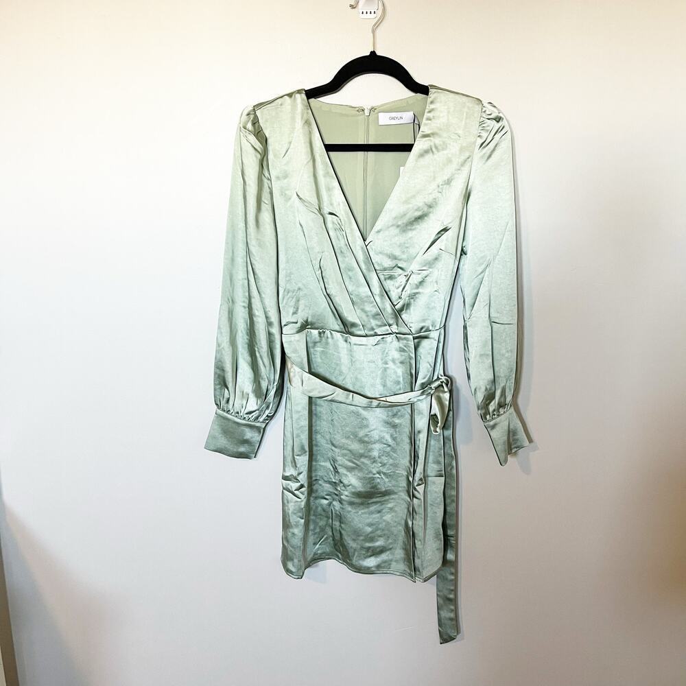 Greylin Tesoro green stain faux wrap dress long sleeve mini‎ size xs nwt